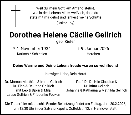 Traueranzeige von Dorothea Helene Cäcilie Gellrich von Norddeutsche Rundschau, Wilstersche Zeitung, Glückstädter Fortuna
