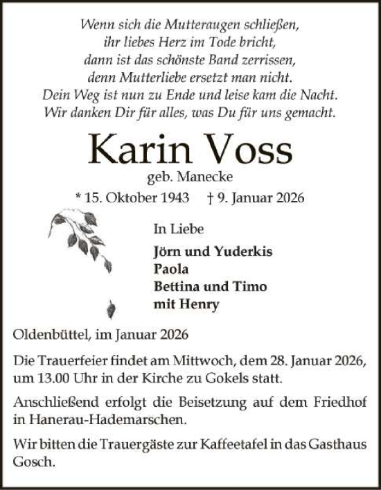 Traueranzeige von Karin Voss 