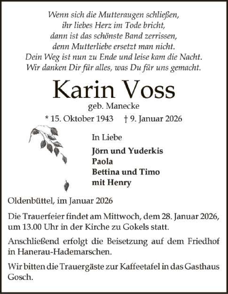  Traueranzeige für Karin Voss vom 24.01.2026 aus 