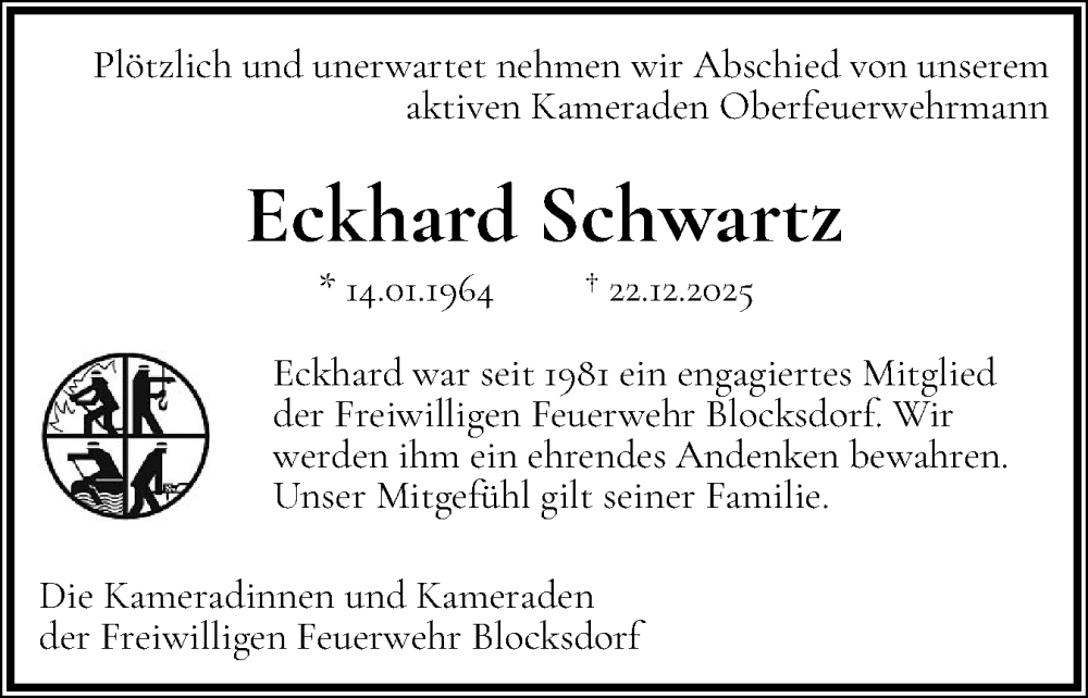  Traueranzeige für Eckhard Schwartz vom 03.01.2026 aus Schleswig-Holsteinische Landeszeitung