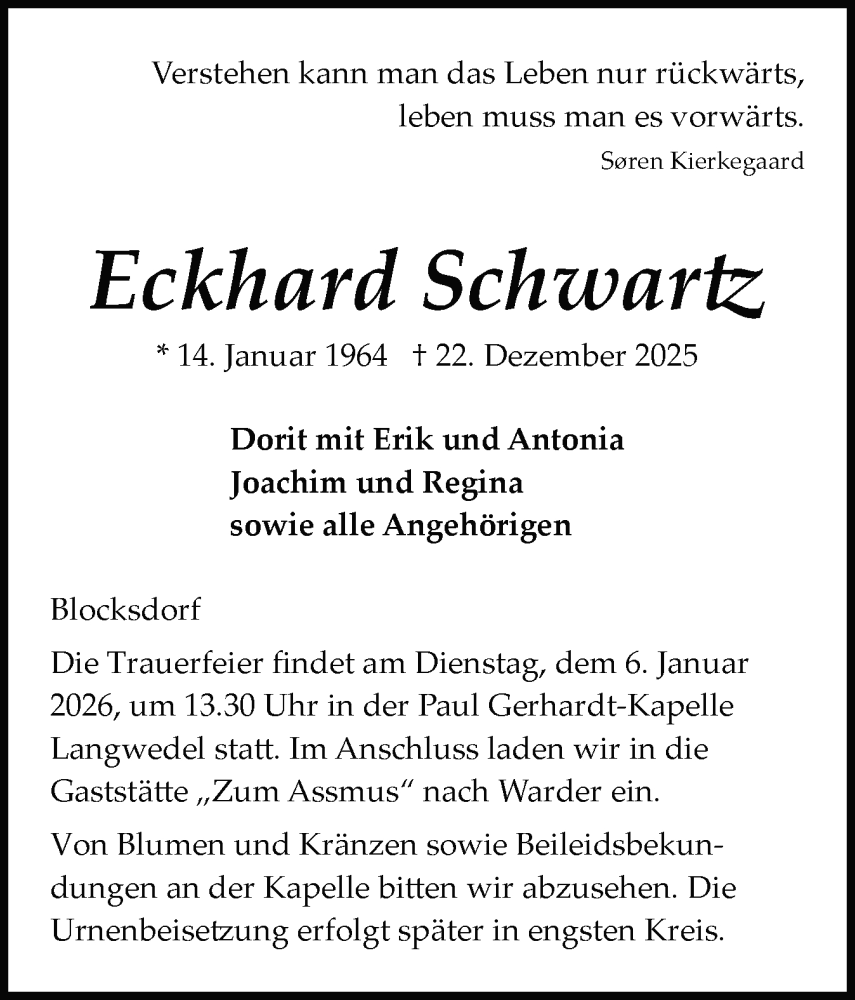  Traueranzeige für Eckhard Schwartz vom 03.01.2026 aus Schleswig-Holsteinische Landeszeitung