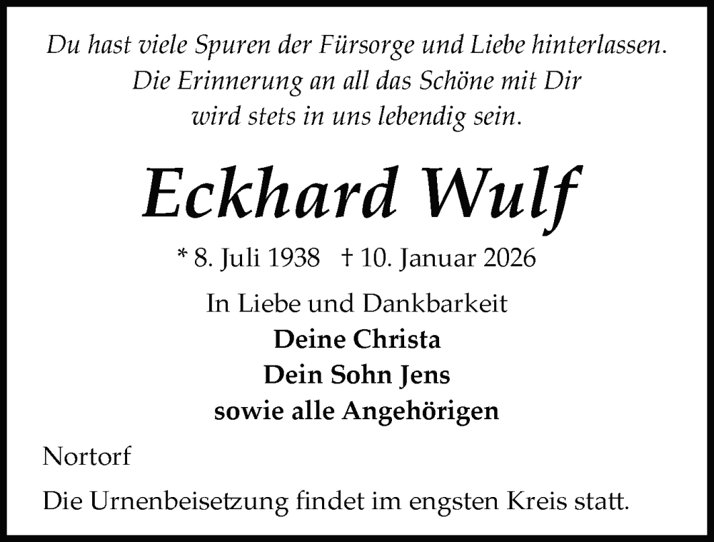  Traueranzeige für Eckhard Wulf vom 17.01.2026 aus Schleswig-Holsteinische Landeszeitung