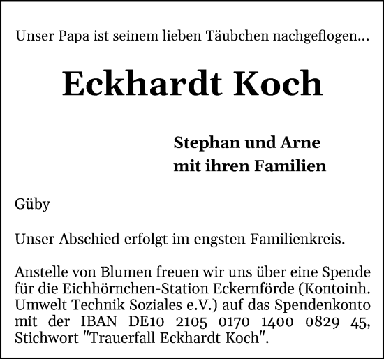 Traueranzeige von Eckhardt Koch von Eckernförder Zeitung, Hallo Eckernförde