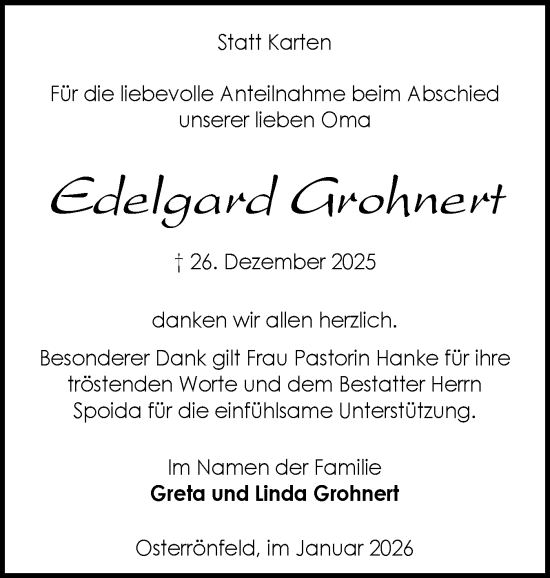Traueranzeige von Edelgard Grohnert von Schleswig-Holsteinische Landeszeitung