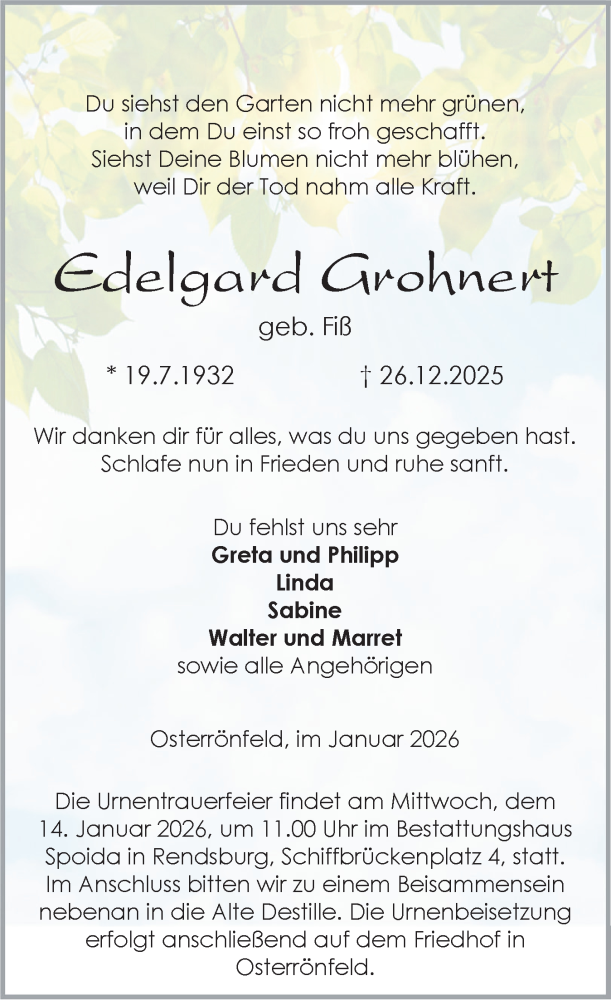  Traueranzeige für Edelgard Grohnert vom 03.01.2026 aus Schleswig-Holsteinische Landeszeitung