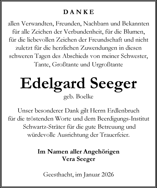 Traueranzeige von Edelgard Seeger von Wochenend Anzeiger