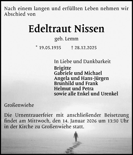 Traueranzeige von Edeltraut Nissen von Flensburger Tageblatt