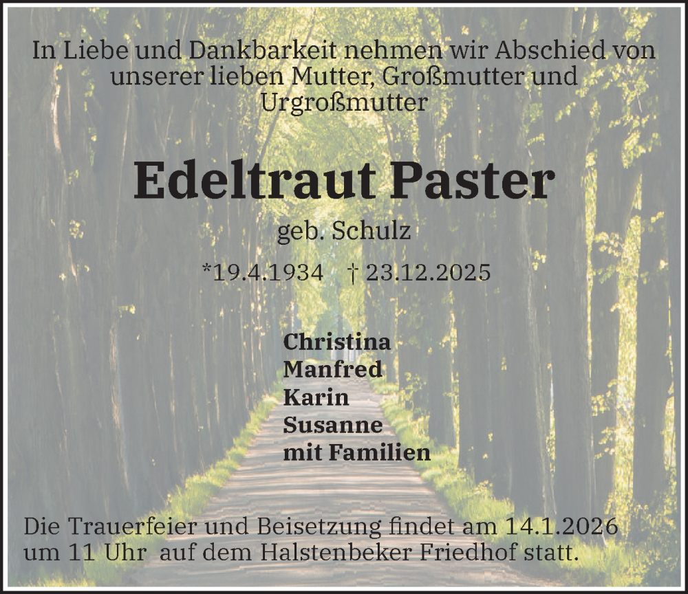  Traueranzeige für Edeltraut Paster vom 10.01.2026 aus A. Beig Gesamtausgabe