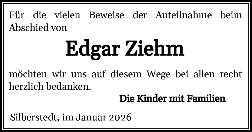  Traueranzeige für Edgar Ziehm vom 03.01.2026 aus Schleswiger Nachrichten, Schlei-Bote