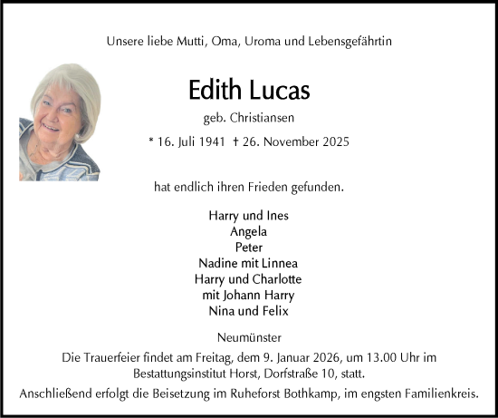 Traueranzeige von Edith Lucas von Holsteinischer Courier