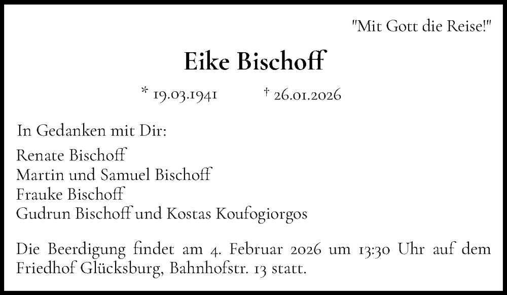  Traueranzeige für Eike Bischoff vom 30.01.2026 aus Flensburger Tageblatt