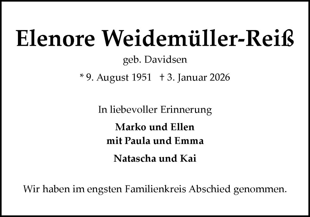  Traueranzeige für Elenore Weidemüller-Reiß vom 17.01.2026 aus Flensburger Tageblatt