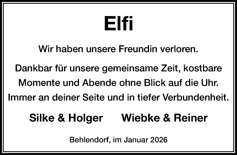  Traueranzeige für Elfi  vom 17.01.2026 aus MARKT Ratzeburg/Mölln