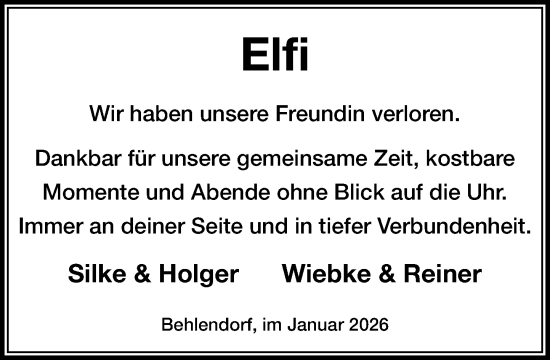 Traueranzeige von Elfi  von MARKT Ratzeburg/Mölln