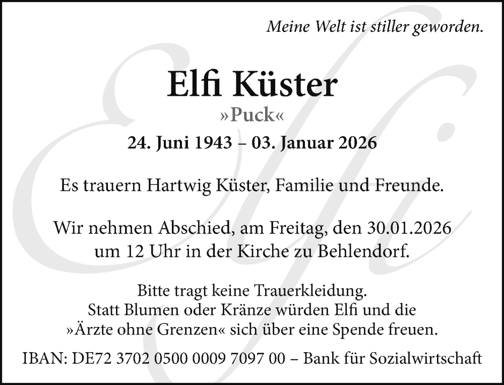  Traueranzeige für Elfi Küster vom 17.01.2026 aus MARKT Ratzeburg/Mölln