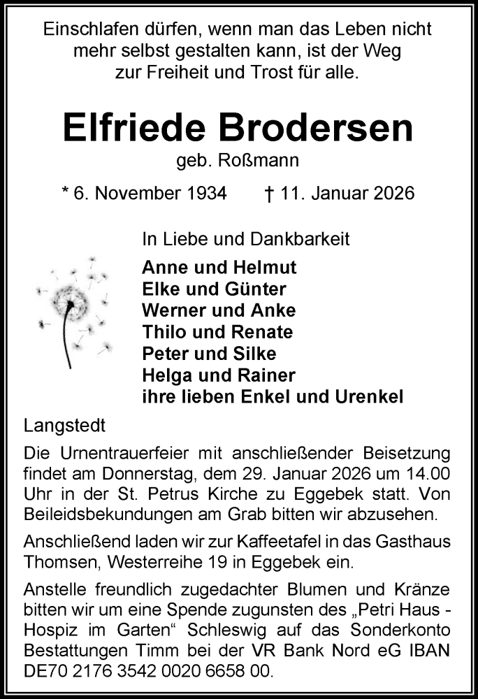  Traueranzeige für Elfriede Brodersen vom 24.01.2026 aus Flensburger Tageblatt