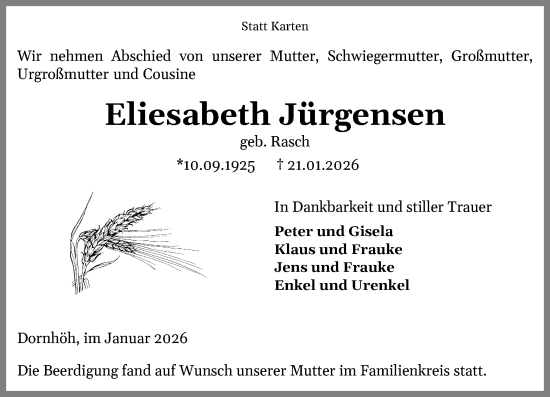 Traueranzeige von Eliesabeth Jürgensen von Schleswiger Nachrichten, Schlei-Bote
