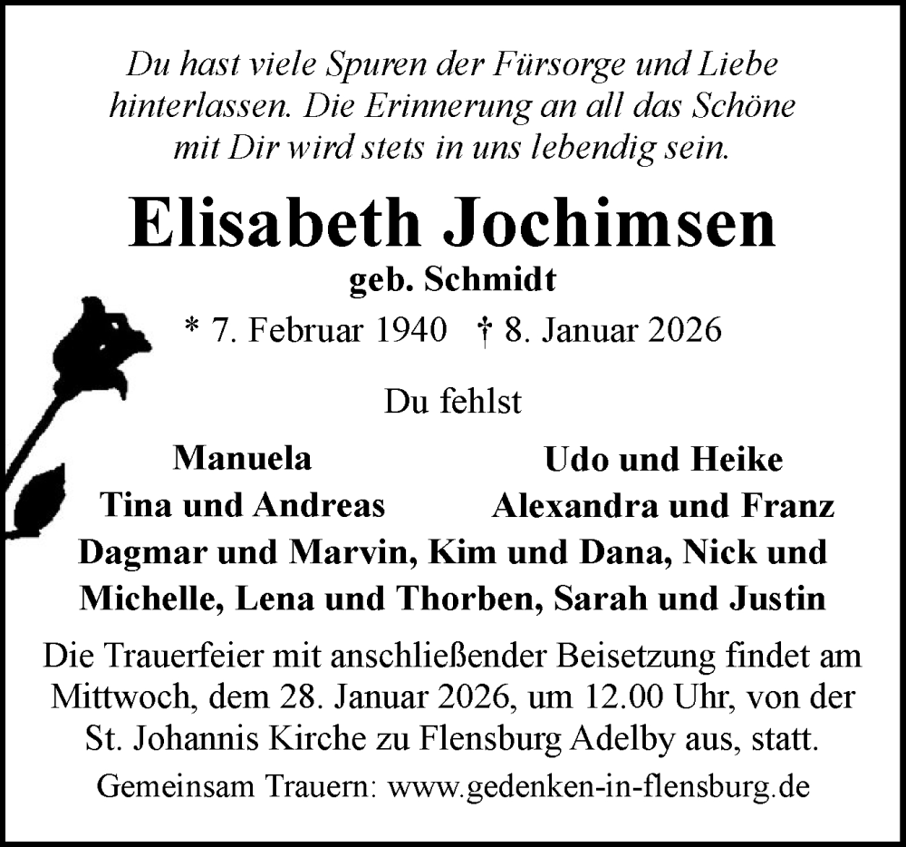  Traueranzeige für Elisabeth Jochimsen vom 17.01.2026 aus Flensburger Tageblatt