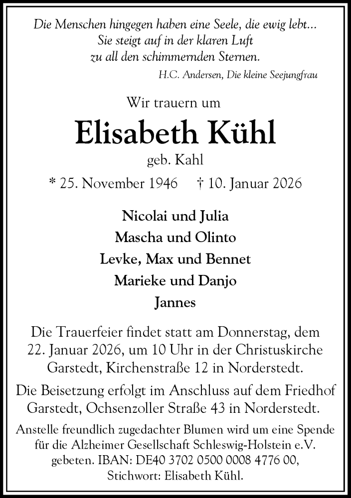  Traueranzeige für Elisabeth Kühl vom 17.01.2026 aus Heimatspiegel