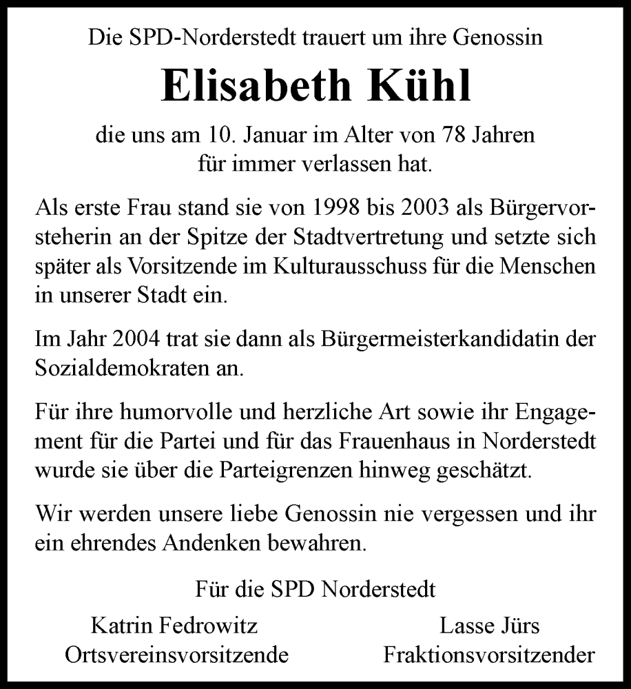  Traueranzeige für Elisabeth Kühl vom 17.01.2026 aus Heimatspiegel