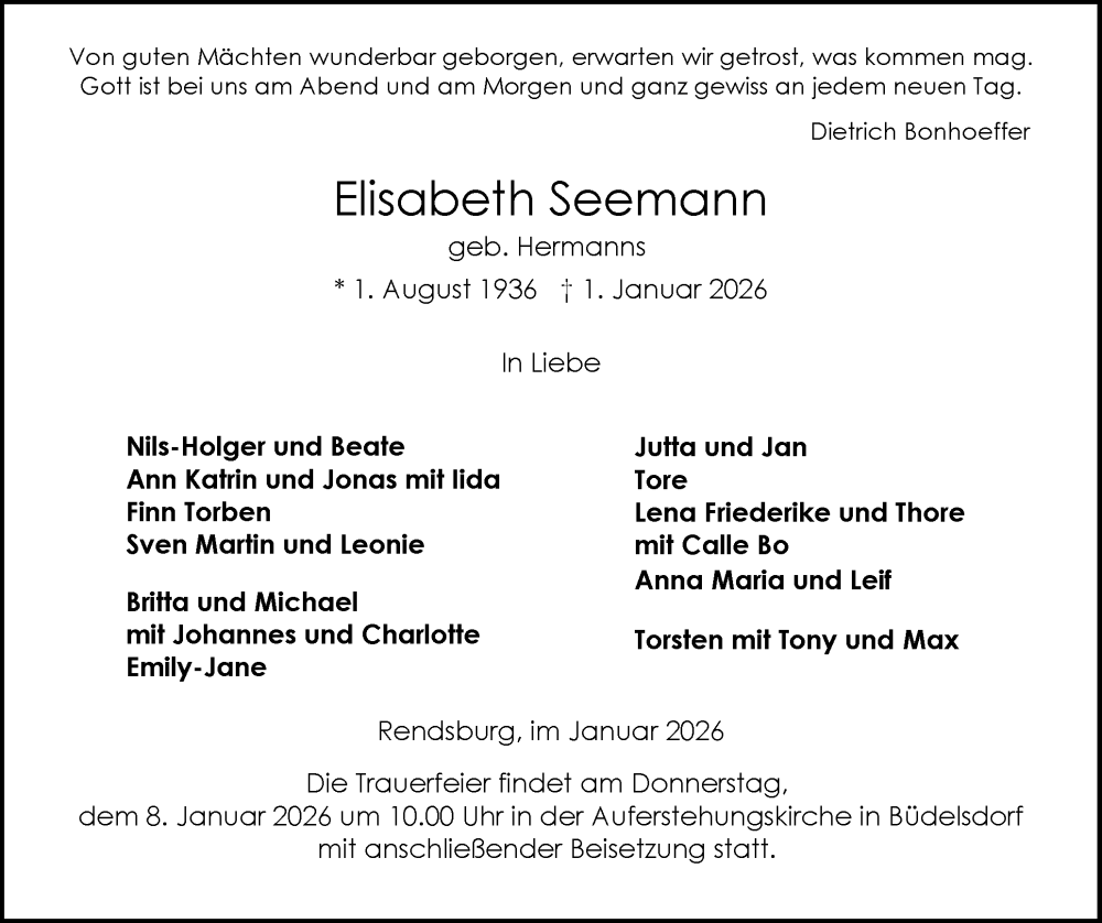  Traueranzeige für Elisabeth Seemann vom 07.01.2026 aus Schleswig-Holsteinische Landeszeitung