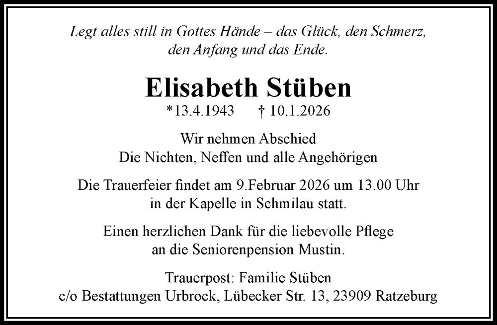  Traueranzeige für Elisabeth Stüben vom 31.01.2026 aus MARKT Ratzeburg/Mölln