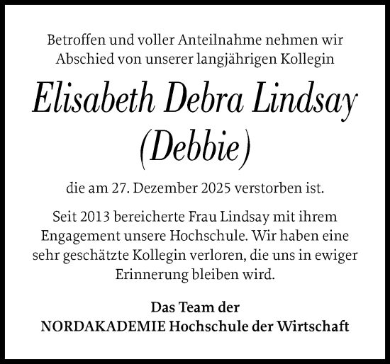 Traueranzeige von Elisabeth Debra Lindsay von Elmshorner Nachrichten, Barmstedter Zeitung