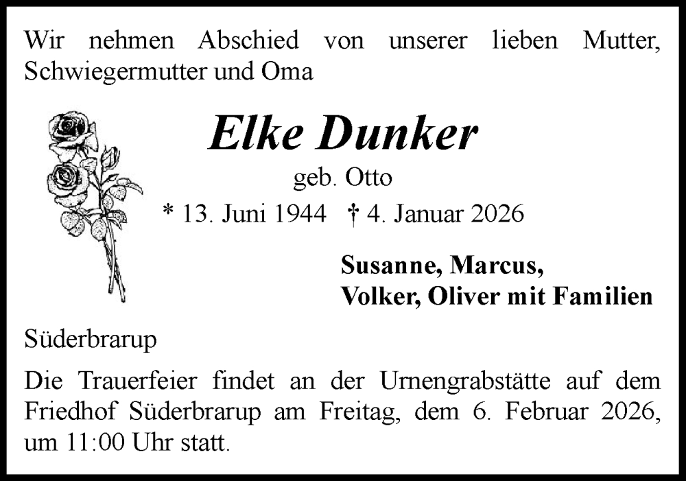 Traueranzeige für Elke Dunker vom 24.01.2026 aus Schleswiger Nachrichten, Schlei-Bote