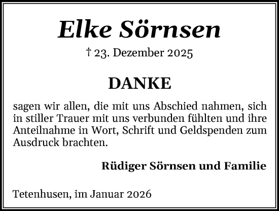 Traueranzeige von Elke Sörnsen von Schleswig-Holsteinische Landeszeitung