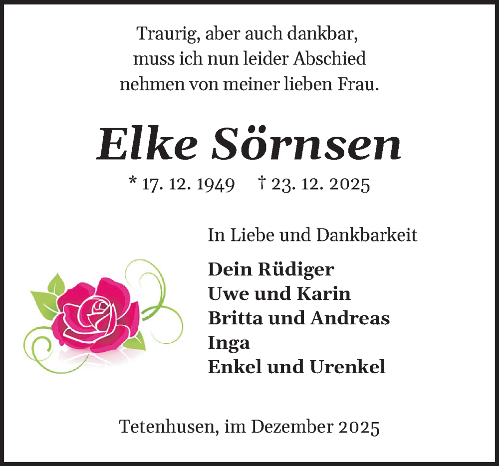  Traueranzeige für Elke Sörnsen vom 03.01.2026 aus Schleswig-Holsteinische Landeszeitung