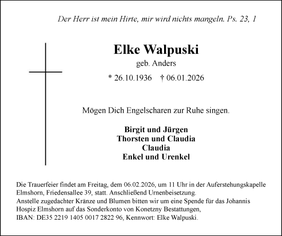 Traueranzeige von Elke Walpuski von Elmshorner Nachrichten, Barmstedter Zeitung