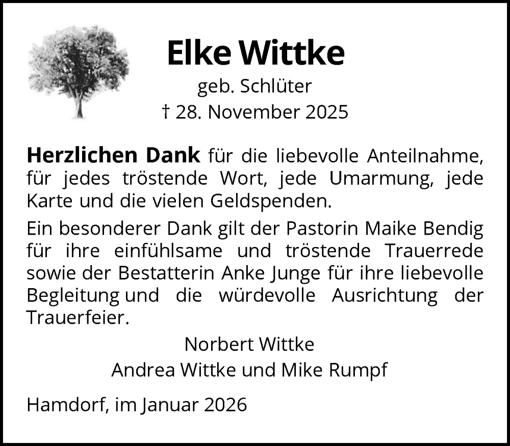  Traueranzeige für Elke Wittke vom 03.01.2026 aus Schleswig-Holsteinische Landeszeitung