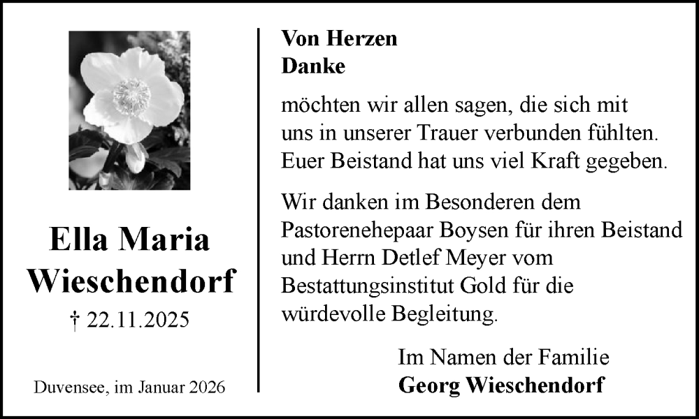  Traueranzeige für Ella Maria Wieschendorf vom 17.01.2026 aus MARKT Ratzeburg/Mölln