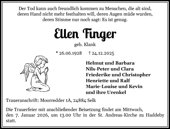 Traueranzeige von Ellen Finger von Schleswiger Nachrichten, Schlei-Bote