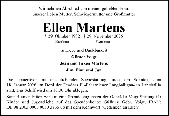 Traueranzeige von Ellen Martens von Flensburger Tageblatt
