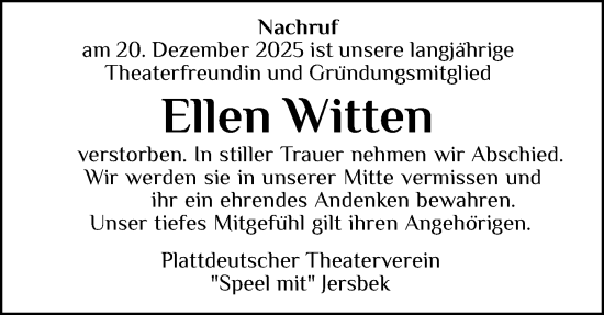 Traueranzeige von Ellen Witten von Stormarner Tageblatt