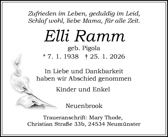 Traueranzeige von Elli Ramm von Norddeutsche Rundschau, Wilstersche Zeitung, Glückstädter Fortuna