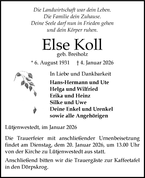 Traueranzeige von Else Koll von Schleswig-Holsteinische Landeszeitung