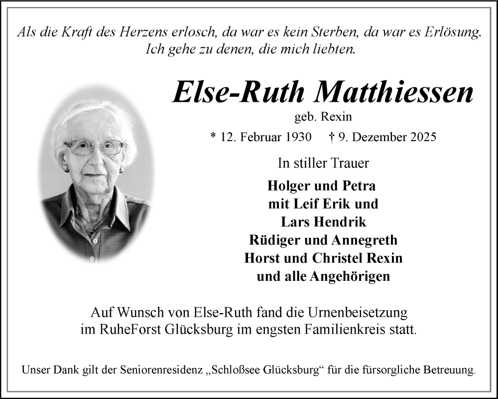  Traueranzeige für Else-Ruth Matthiessen vom 10.01.2026 aus Flensburger Tageblatt