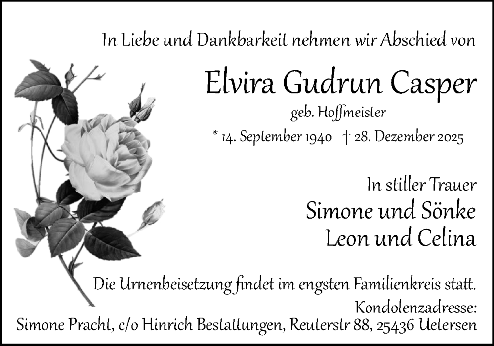  Traueranzeige für Elvira Gudrun Casper vom 17.01.2026 aus Region Pinneberg und tip Pinneberg