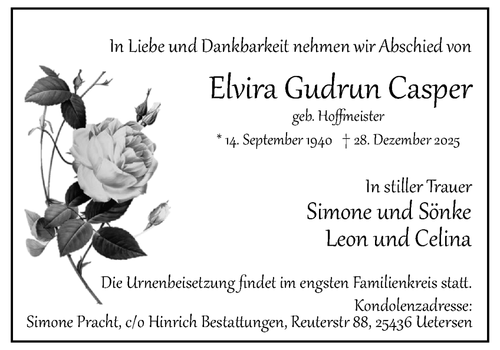  Traueranzeige für Elvira Gudrun Casper vom 10.01.2026 aus Region Pinneberg und tip Pinneberg