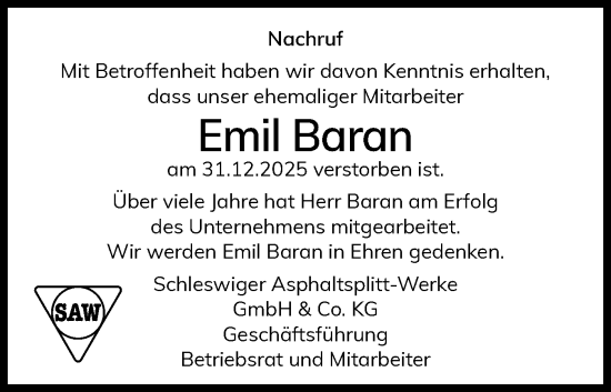 Traueranzeige von Emil Baran von Husumer Nachrichten, Nordfriesland Tageblatt