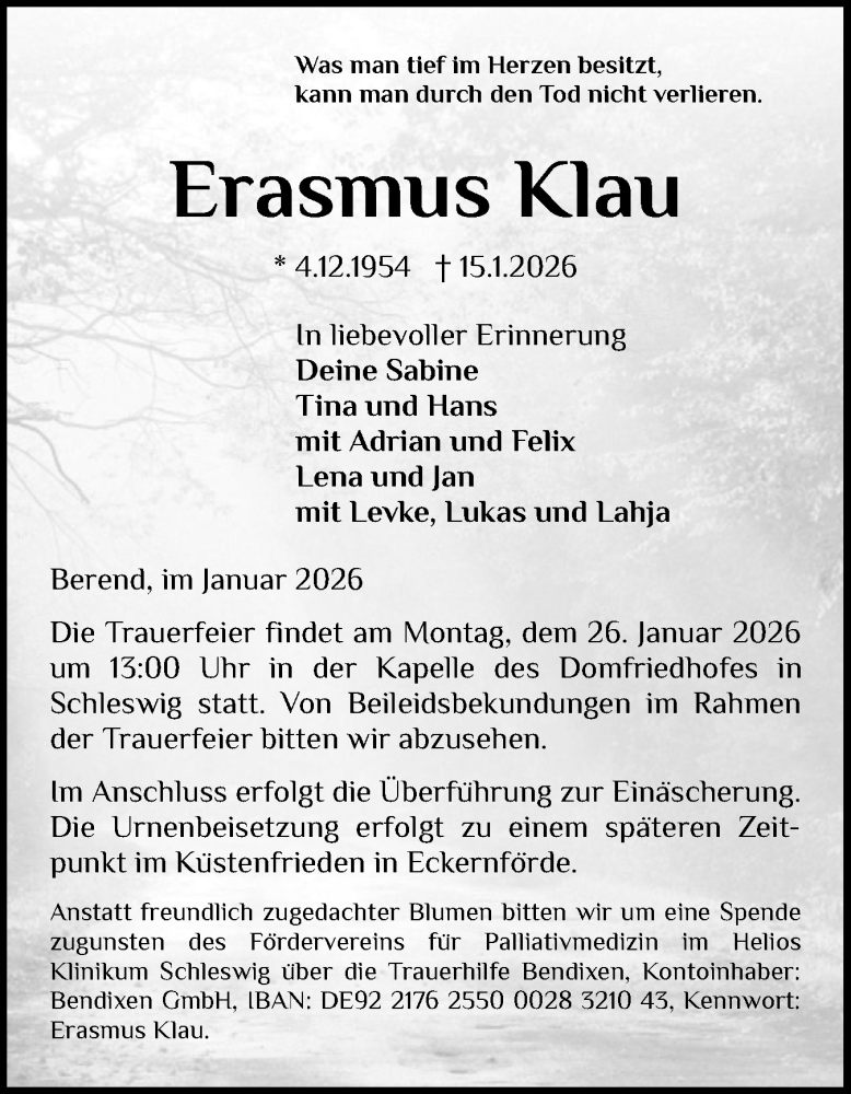 Traueranzeige für Erasmus Klau vom 21.01.2026 aus Schleswiger Nachrichten, Schlei-Bote