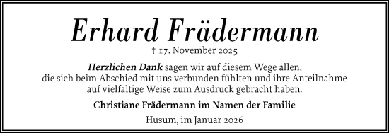 Traueranzeige von Erhard Frädermann von Husumer Nachrichten, Nordfriesland Tageblatt