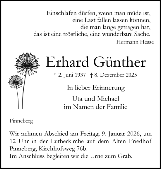 Traueranzeige von Erhard Günther von Region Pinneberg und tip Pinneberg