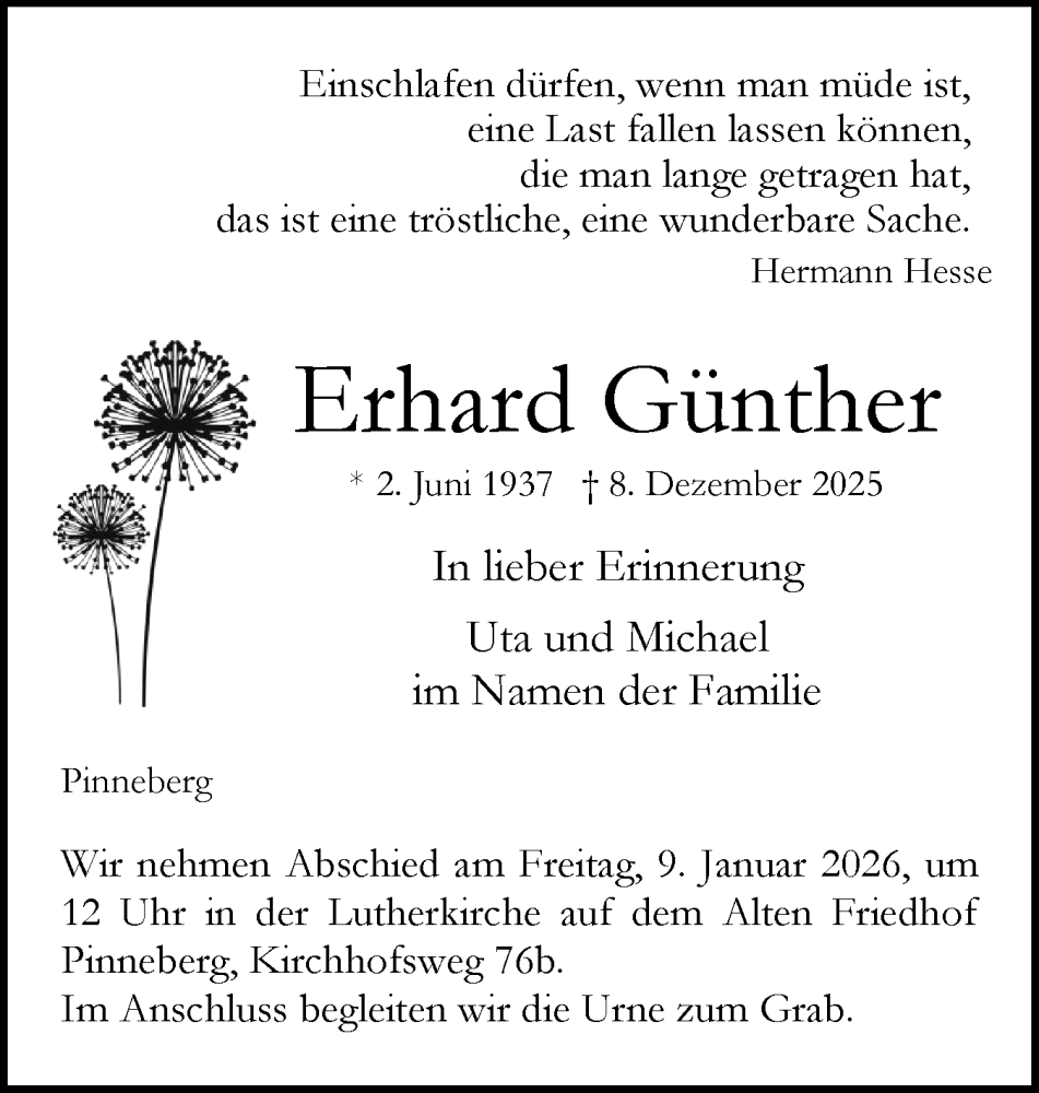 Traueranzeige für Erhard Günther vom 03.01.2026 aus Region Pinneberg und tip Pinneberg