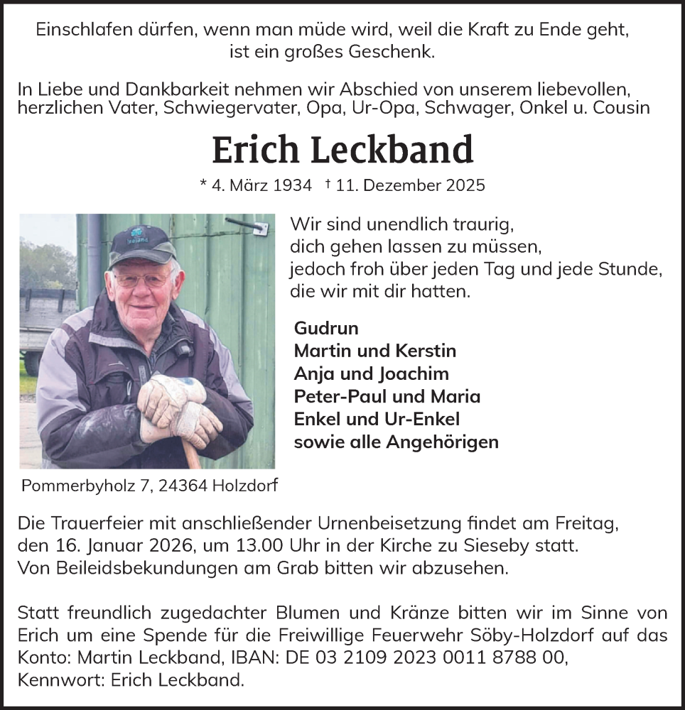  Traueranzeige für Erich Leckband vom 10.01.2026 aus Eckernförder Zeitung, Hallo Eckernförde