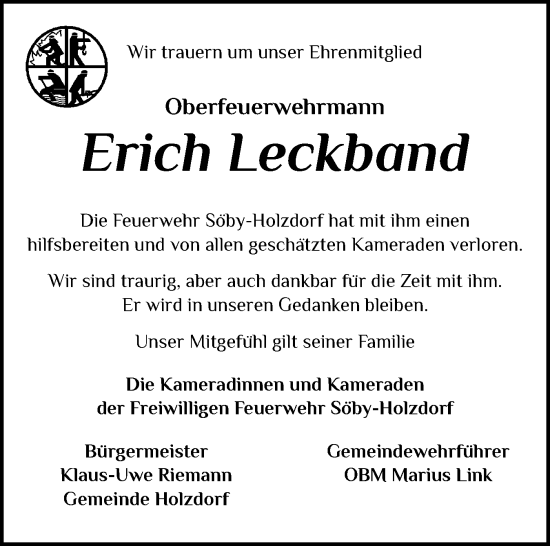 Traueranzeige von Erich Leckband von Eckernförder Zeitung, Hallo Eckernförde
