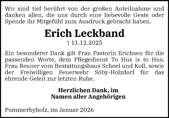 Traueranzeige von Erich Leckband von Eckernförder Zeitung, Hallo Eckernförde