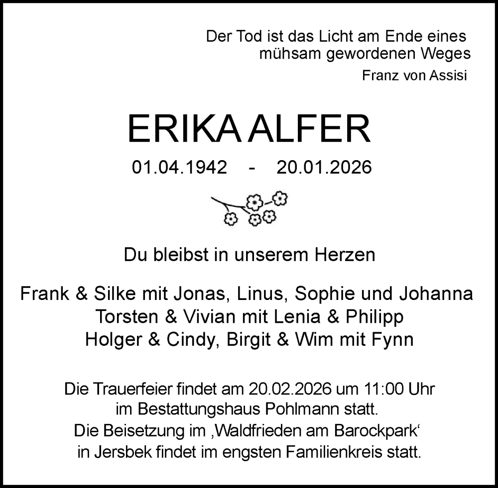  Traueranzeige für Erika Alfer vom 31.01.2026 aus Heimatspiegel